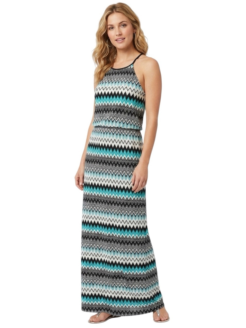 Bisou Bisou Turquoise Black Zig Zag Print Halter Maxi Size 12